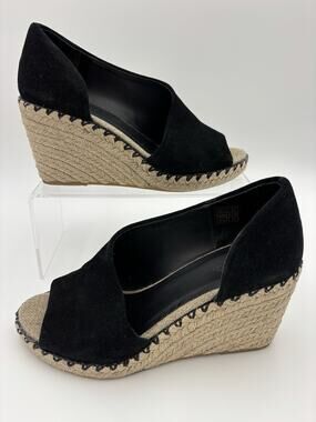 Vince Espadrille Wedge Heel Black Suede Size 7.5 M Peep Toe D'Orsay